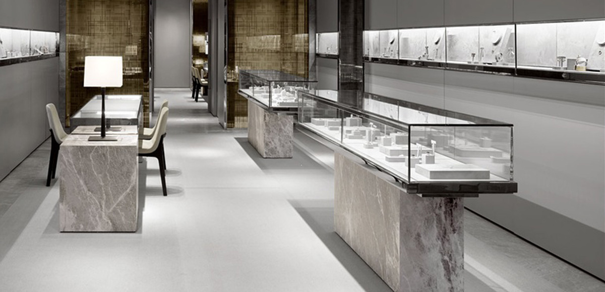 luxury design jewellery shop furniture showcase with marble and metal